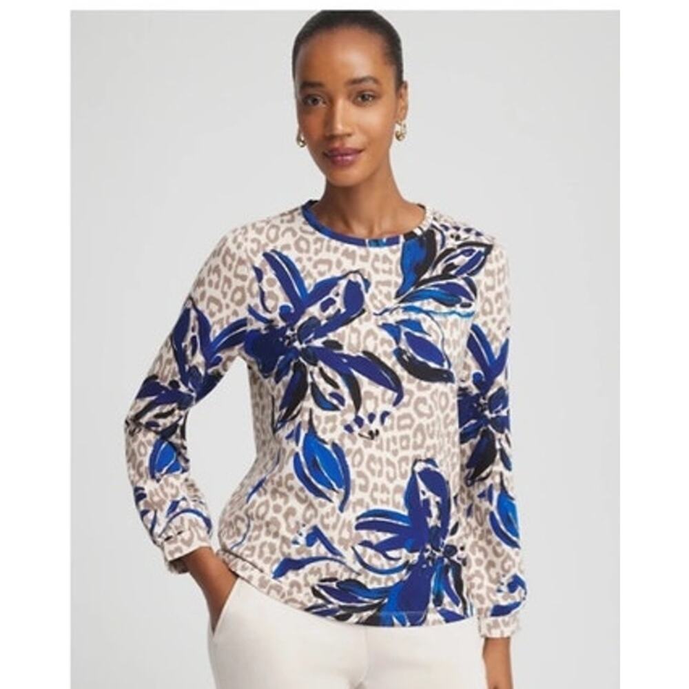 Chico’s Animal Print Floral Top Long Sleeve Blue White Blouse Sz 2 = US L
